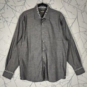Banana Lemon Black Chambray Cotton Leopard Print Button Front Shirt